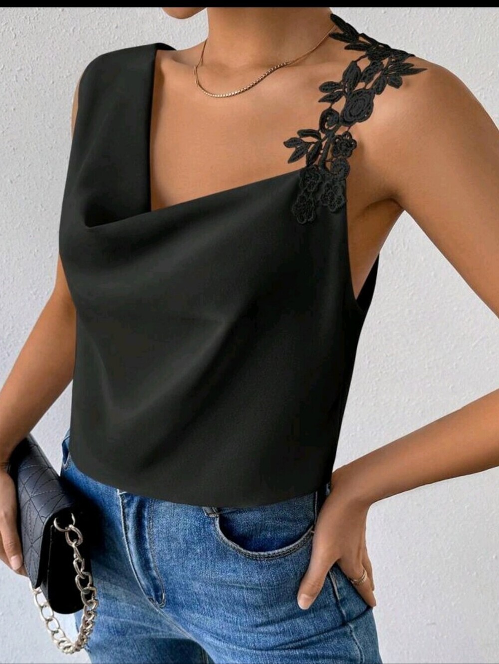 Black Lace-Strap Cowl Neck Women's Top  SMALL